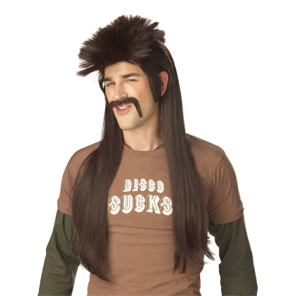 ダークブラウン ロング、ミシシッピマッドフラップ ウィッグ、かつらと口ひげのセット アメリカンガイ コスプレ