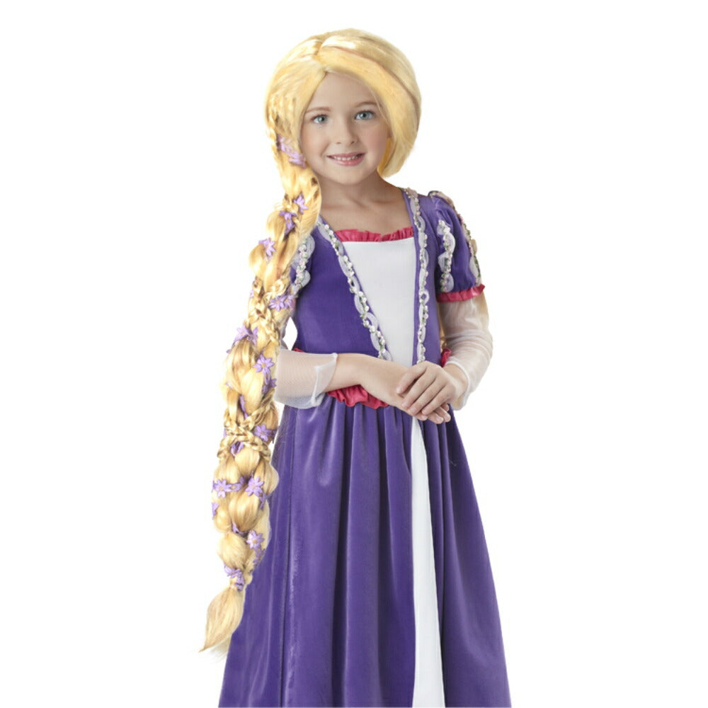 ブロンド ロング ウィッグ、かつら 子供用 パープルのお花付き ラプンツェル コスプレ