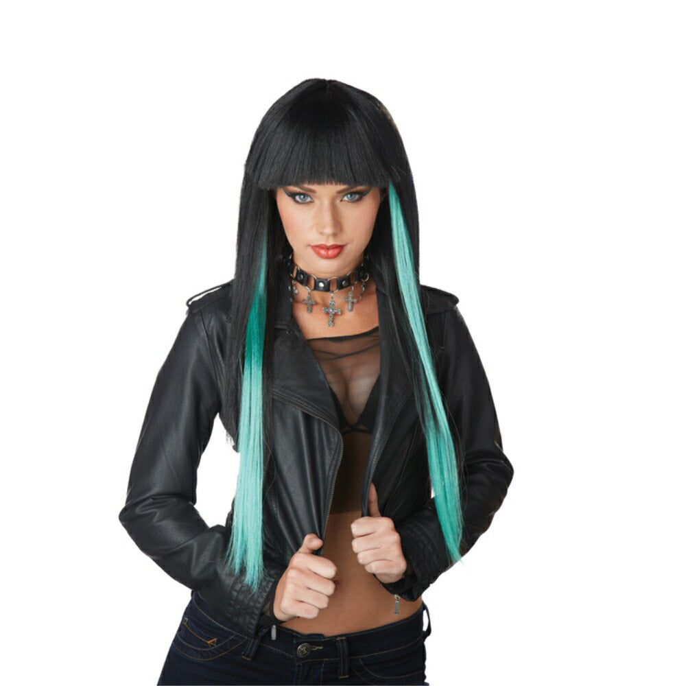 ブラック&ジェイドグリーン ロングストレート ウィッグ、かつら クール コスプレ