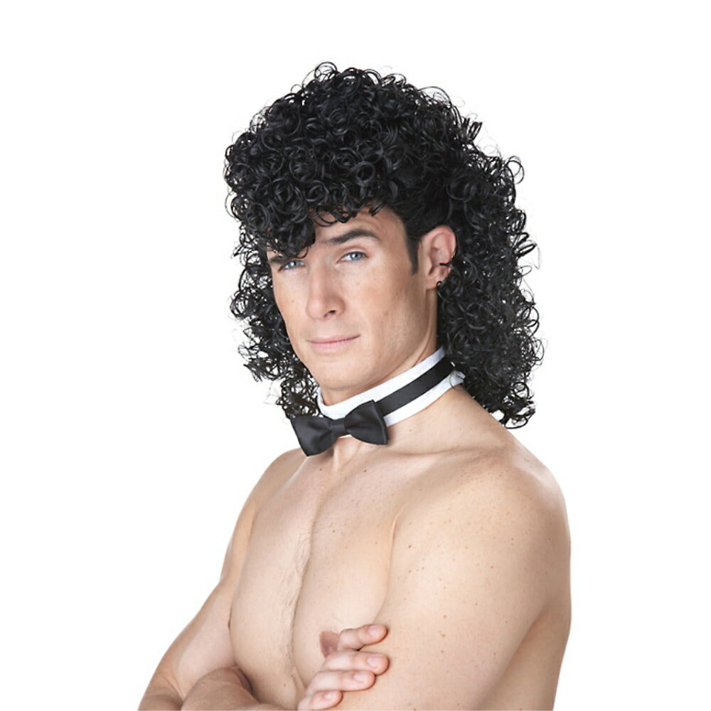 ブラック ミディアムカール ウィッグ、かつら、襟とちょうネクタイ付き マレット コスプレ