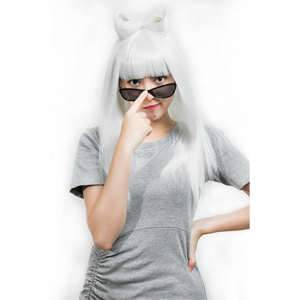 リボン ウィッグ 白 ロング コスプレ 大人用 夜光 暗闇で光る