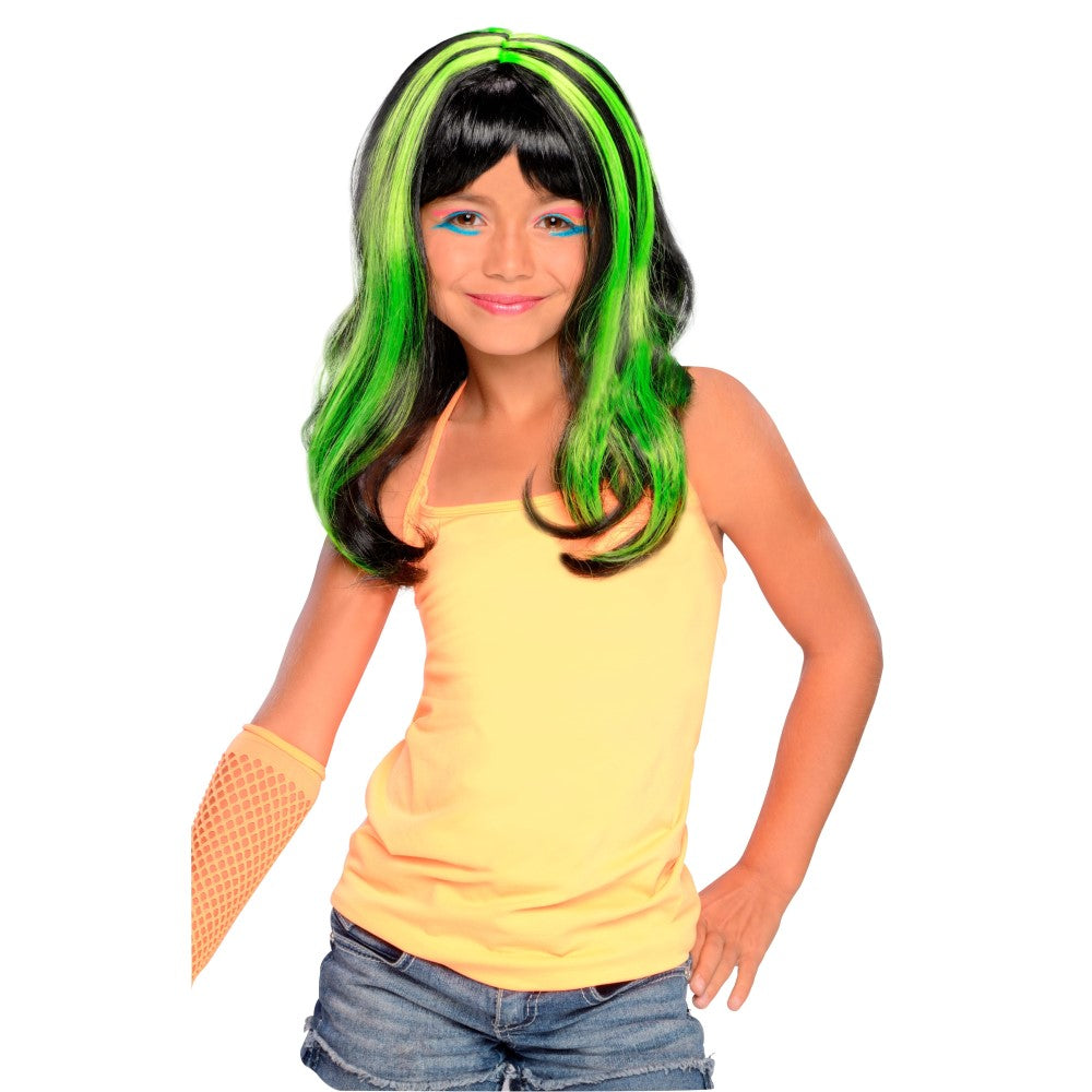 ブラック/グリーン ロング ウィッグ、かつら 子供用 ツートンカラー NEON STREAKS GREEN CHILD コスプレ