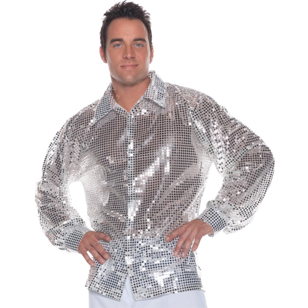 ディスコ　衣装、コスチューム　大人男性用　SILVER SEQUIN SHIRT ADULT　コスプレ