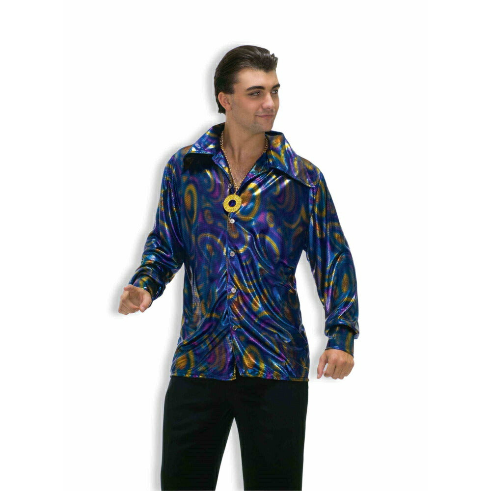 ディスコ　70年代　メタリックシャツ　青　コスチューム　大人男性用　Dynomite Dude　コスプレ