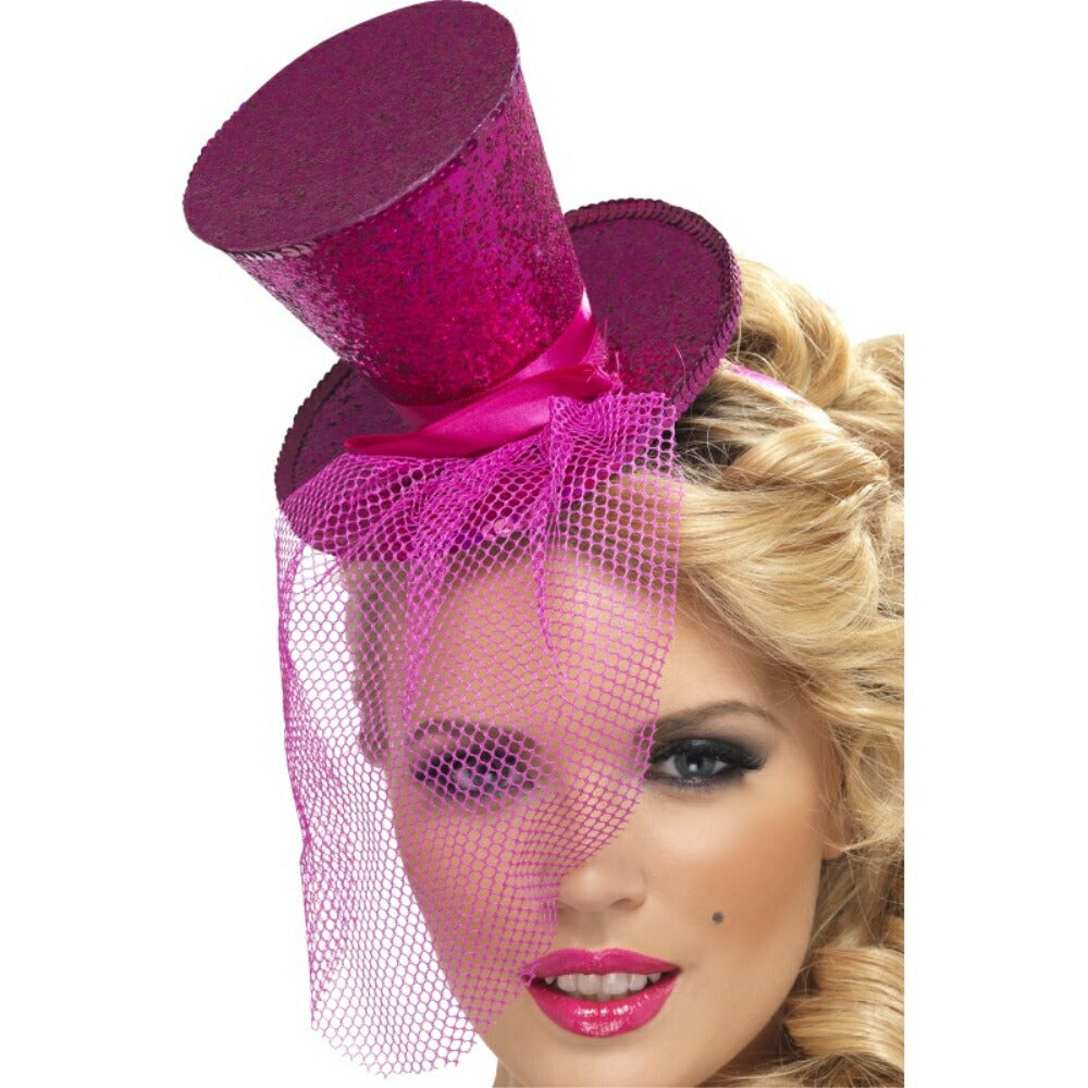 トップハット　ホットピンク　バーレスク風　帽子　ストリッパー　ネット　大人女性用　Fever Mini Top Hat　コスプレ
