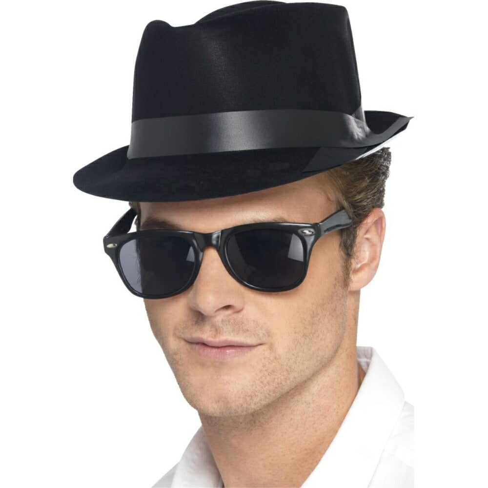 帽子　黒　1950年代風　植毛フェルト　大人男性用　Flocked Fedora Hat　コスプレ