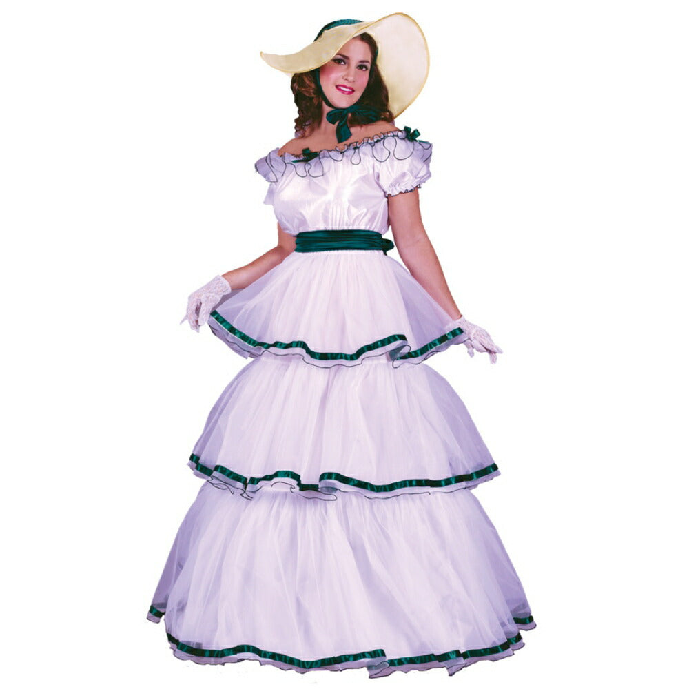 サザーン・ベル　アメリカ南北戦争時代　衣装、コスチューム　大人女性用　ホワイト&グリーン　ドレス　コスプレ
